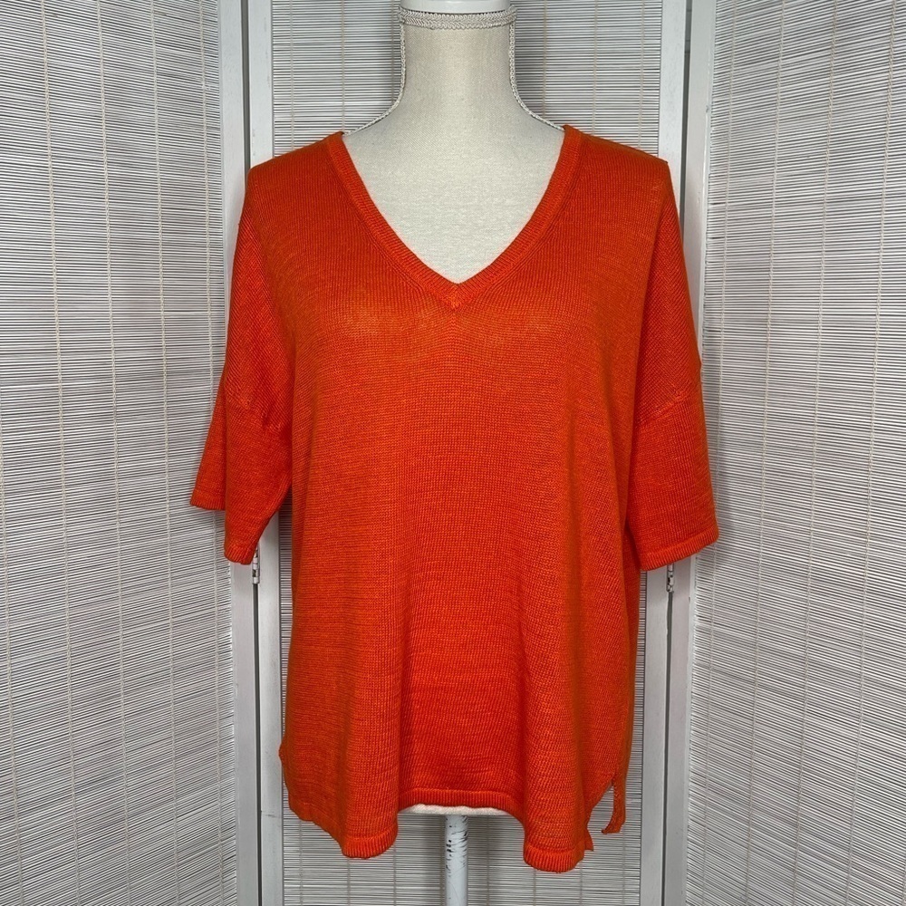Boden Orange 100% Linen Knit Tee V Neck Short Sleeve Lightweight Size 8